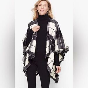 TALBOTS Ruana Black White Plaid Shawl Wool Blend Ruffled Poncho Women’s Size M/L